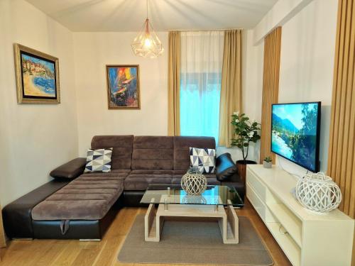 a living room with a brown couch and a coffee table at Apartman BJANKA in Budva