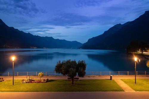 a view of a lake at night with mountains at Seiler au Lac in Bönigen