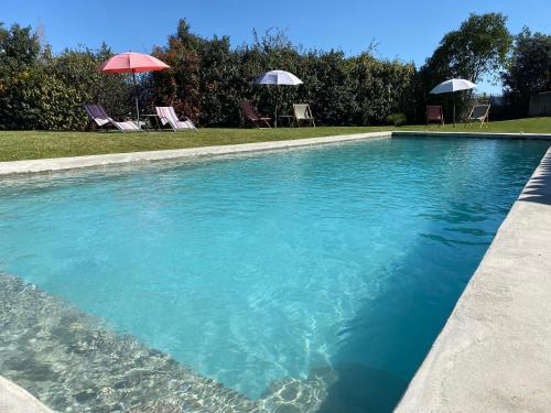 a swimming pool with chairs and umbrellas in a yard at La Grande Maison in Montmeyran