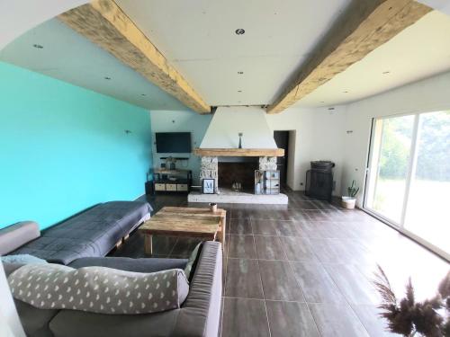 un salon avec un canapé et une cheminée dans l'établissement Beautiful renovated farmhouse of 250m with 3400m of garden, à Saint-Savin