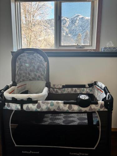 a baby crib sitting in front of a window at Amazing Views, Northern Lights, Stargazing Entire Guest Suite in Golden, BC Canada in Golden