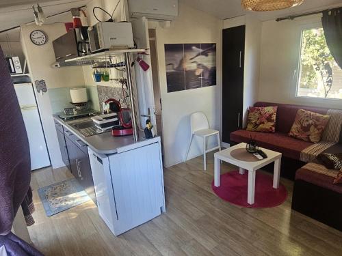 un petit salon avec un canapé et une cuisine dans l'établissement mobil home climatisé 6p camping les cigales au muy, au Muy
