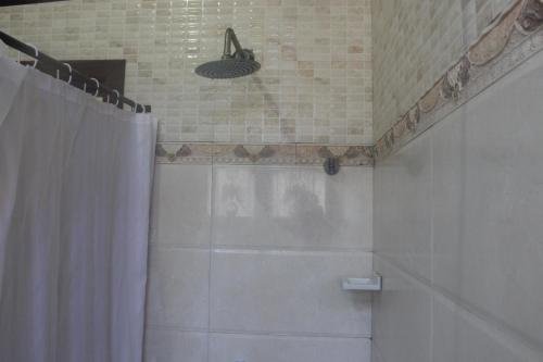 a bathroom with a shower with a shower curtain at Al-Minar Hotel in Zanzibar City