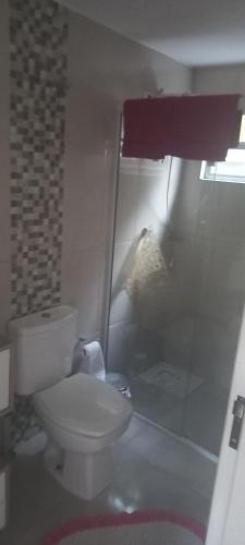 een badkamer met een wit toilet in een kamer bij Espaço tranquilo in Florianópolis