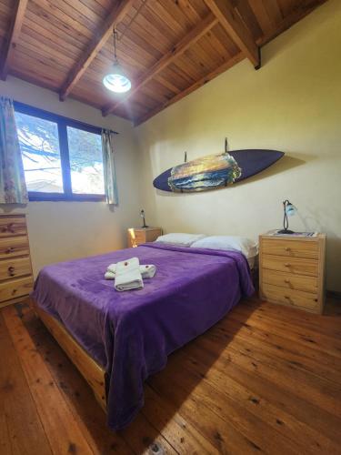 Un dormitorio con una cama con una tabla de surf colgada en la pared. en La Lucinda - Campo y mar, en Chapadmalal