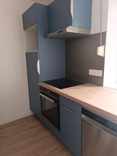 a kitchen with blue cabinets and a stove top oven at Appartement moderne et bohème in Vittel
