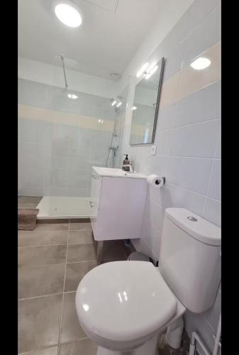 une salle de bain blanche avec des toilettes et un lavabo dans l'établissement 6- Hypercentre, 4pers, Climatisation ,Terrasse, Netflix, à Libourne