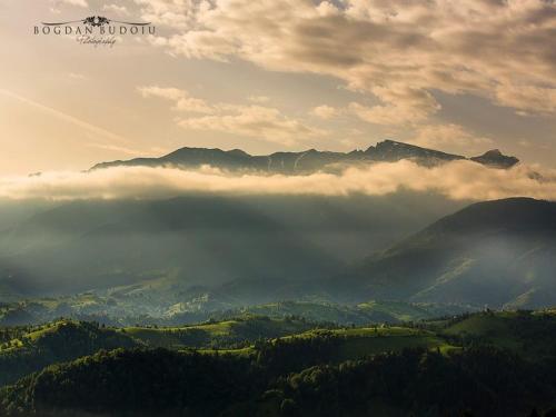 a view of a foggy valley with mountains in the background at Alpine Escape Studios in Măgura