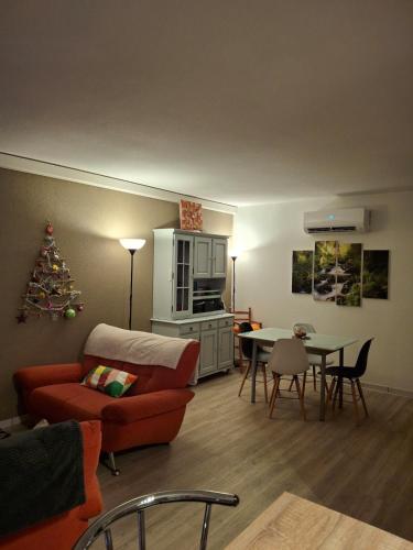 un salon avec un sapin de Noël et une table dans l'établissement Appart 3 pieces cosy avec parking proche centre ville, à Cahors