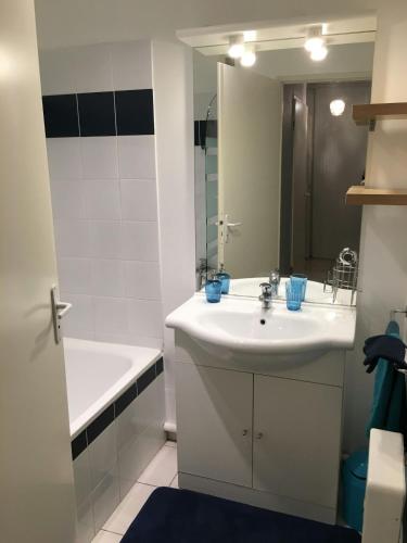 une salle de bain avec un lavabo, une baignoire et un miroir dans l'établissement Appart 3 pieces cosy avec parking proche centre ville, à Cahors