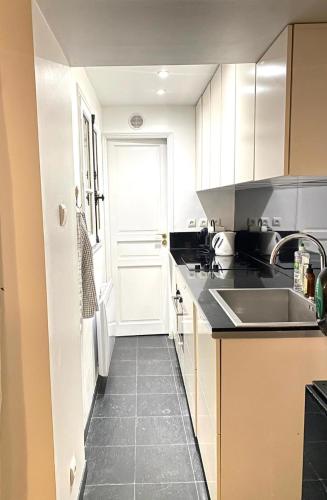 une cuisine avec un évier et un plan de travail dans l'établissement Luxury Apartment in the Golden Triangle - Paris, à Paris