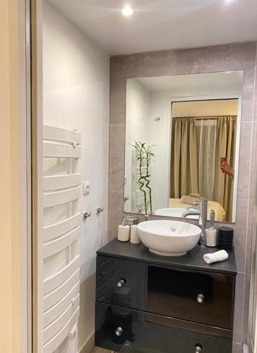 une salle de bain avec un lavabo et un miroir dans l'établissement Luxury Apartment in the Golden Triangle - Paris, à Paris