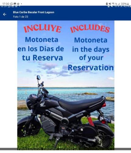 a motorcycle parked in the grass next to the water at Blue Caribe Bacalar Front Lagoon in Bacalar