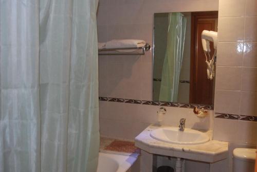ein Bad mit einem Waschbecken und einem Duschvorhang in der Unterkunft Hotel la princesse in Tunis