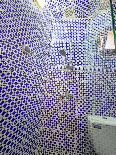 a blue and white tiled bathroom with a shower at Riad Dar El Ouedghiri in Fès