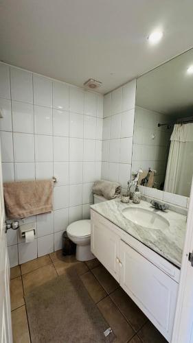 a bathroom with a sink and a toilet and a mirror at Costa del Este in Concón