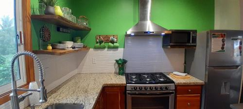 a kitchen with a stove and a green wall at Bella Vita Casitas - Bella Verde in Placencia Village