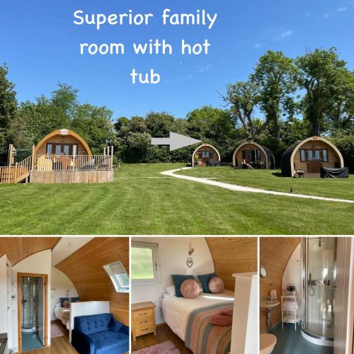 a collage of pictures of a bedroom and a room with a house at Southwell Retreat Glamping Pods in Southwell