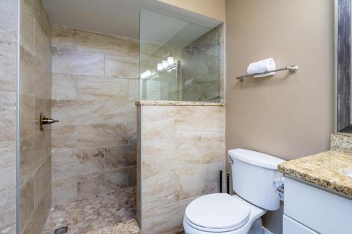 a bathroom with a toilet and a shower at Windsor Court - 12B in Spartanburg