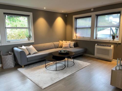 ein Wohnzimmer mit Sofa und Tisch in der Unterkunft Enebolig til utleie in Trondheim