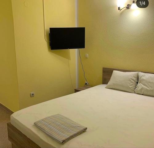 a bedroom with a bed with a flat screen tv on the wall at Fenix Apartmani Dubrava in Dobra Voda