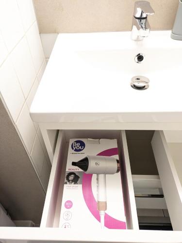 La salle de bains est pourvue d'un lavabo et d'un sèche-cheveux. dans l'établissement Le Nanty - Appartement Duplex Cosy et Central- Accès Gare et Centre Ville, à Poitiers