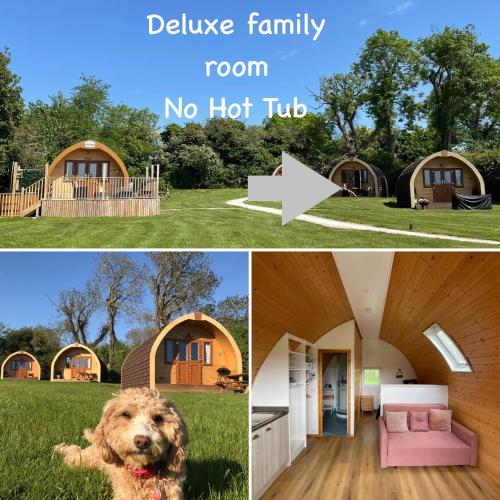 a collage of photos with a dog in front of a house at Southwell Retreat Glamping Pods in Southwell