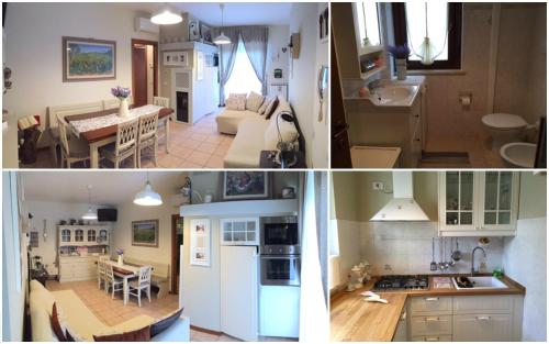 duas fotografias de uma cozinha e uma sala de estar em Il Girasole em Assis