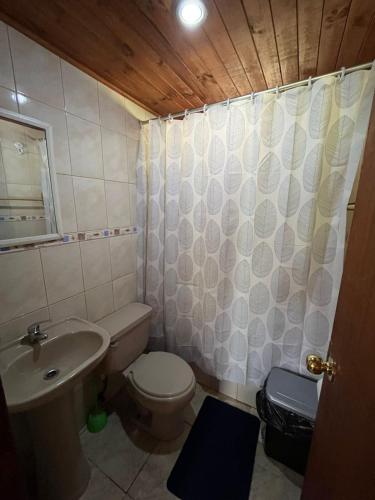 a bathroom with a toilet sink and a shower curtain at Parcela Paulita in Quillón