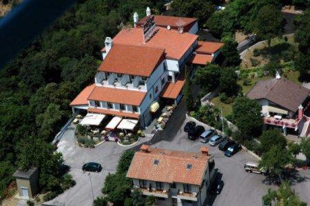 an aerial view of a large house with a parking lot at Hotel Ai Sette Nani in Sistiana