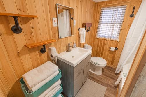 a bathroom with a sink and a toilet and a mirror at Moon Over The Mills in Neotsu