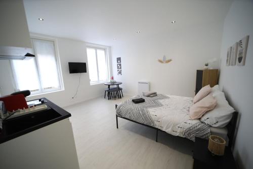 une chambre avec un lit et un bureau et deux fenêtres dans l'établissement Paul Bert4-ancienne version, à Cambrai