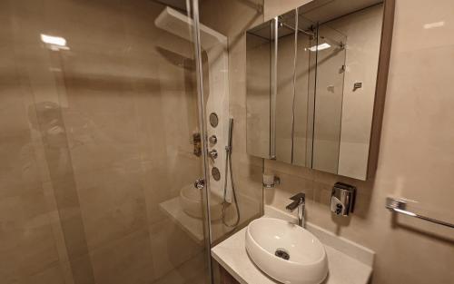 a bathroom with a shower and a sink and a mirror at Confort en el Centro de Cuenca in Cuenca
