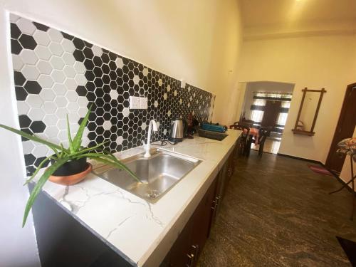 Una cocina con fregadero y pared de azulejos. en River View Family Rest, en Demodera