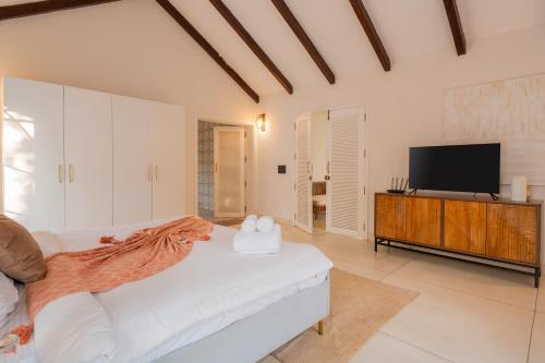 a bedroom with a bed and a flat screen tv at ELIVAAS Bogenvilla Luxe 3 BHK Villa Near Ozran Beach in Assagao