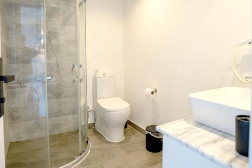 a bathroom with a shower and a toilet and a sink at Çamlık 87 Hotel Ayvalık in Ayvalık