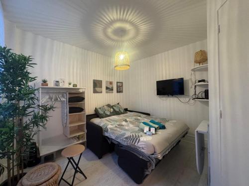 - une petite chambre avec un lit et une télévision dans l'établissement Le Petit Bali - Studio, à Vichy