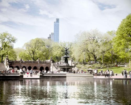 a fountain in the middle of a pond in a park at Park Hyatt New York in New York