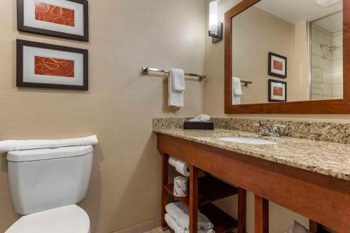 a bathroom with a toilet and a sink and a mirror at Comfort Suites Bridgeport - Clarksburg in Bridgeport
