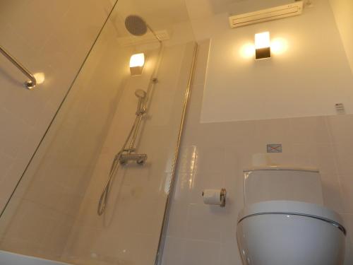 a bathroom with a shower and a toilet at Alojamento do Minho in Paredes de Coura