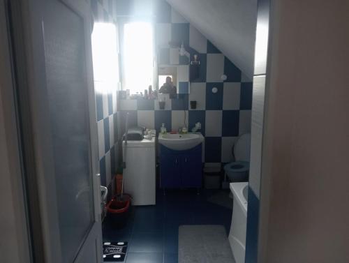 ein kleines Badezimmer mit Waschbecken und Toilette in der Unterkunft Leonardo GuestHouse Available in Sibiu