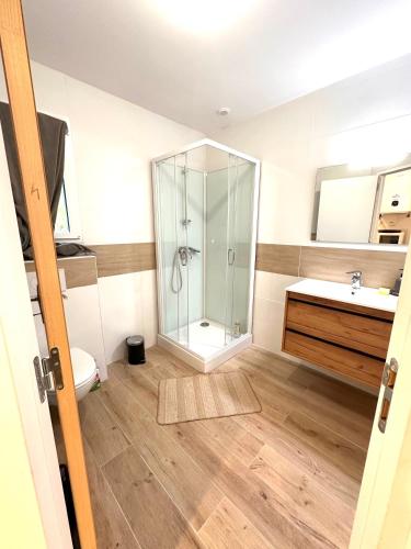 a bathroom with a glass shower and a sink at Refuge des voyageurs - studio neuf - Ancrage indépendant Rez de jardin in Plouédern