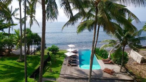 una piscina junto al océano con palmeras en Seraya Shores Bali, en Seraya