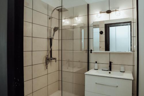 a bathroom with a shower with a sink and a mirror at Le Lagon Vert in Saint-François