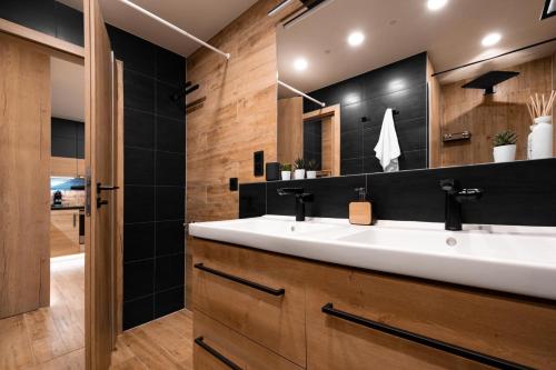 a bathroom with a white sink and a mirror at BARTH Holiday - Říčky v Orlických horách in Říčky
