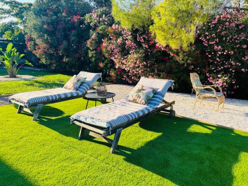 two benches sitting on the grass in a yard at Maison Isal in Roquebrune-sur-Argens