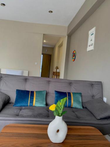 a living room with a gray couch with a vase on a table at Villa Athina 1 in Serres