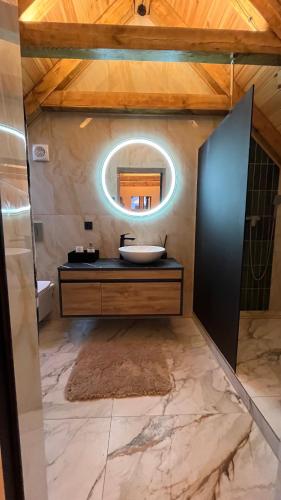 a bathroom with a sink and a mirror at Husky House in Kladkovka