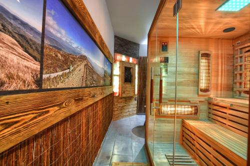a bathroom with a shower and a painting on the wall at Apartament Szczęśliwy in Ustrzyki Dolne