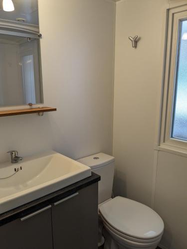 une salle de bain avec des toilettes blanches et un lavabo dans l'établissement Joli Mobil-Home 3 chambres 34 Siblu La Réserve, à Gastes